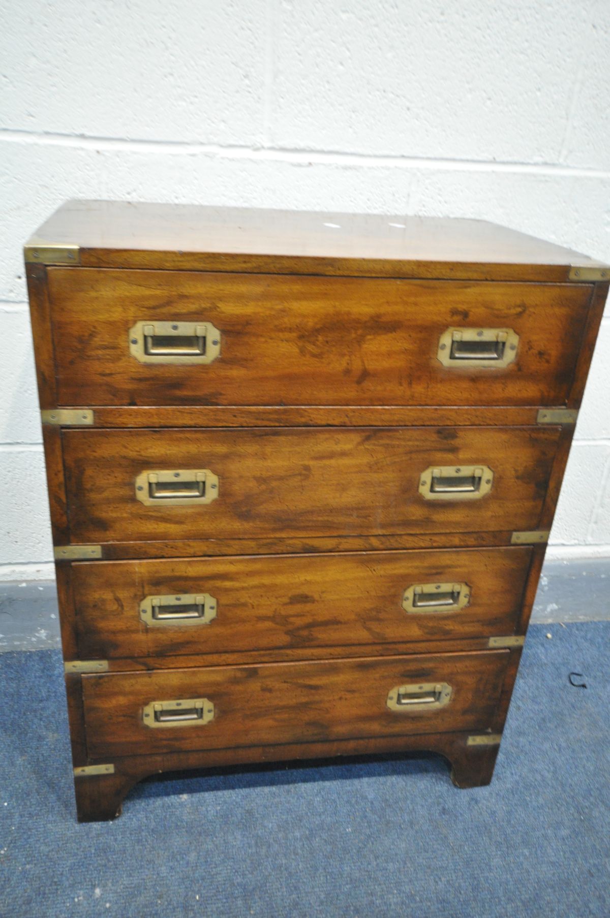 A MAHOGANY CAMPAIGN CHEST OF FOUR DRAWERS, width 60cm x depth 37cm x height 77cm, (condition -