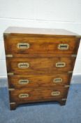 A MAHOGANY CAMPAIGN CHEST OF FOUR DRAWERS, width 60cm x depth 37cm x height 77cm, (condition -