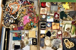 TWO BOXES OF ASSORTED COSTUME JEWELLERY, to include brooches, cufflinks, rings, bracelets, ceramic
