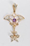 A 9CT GOLD AMETHYST AND DIAMOND PENDANT, of openwork design, the circular shape amethyst with
