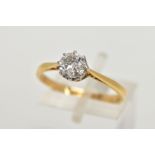 A YELLOW METAL SINGLE STONE DIAMOND RING, old cut diamond within an eight claw setting, colour