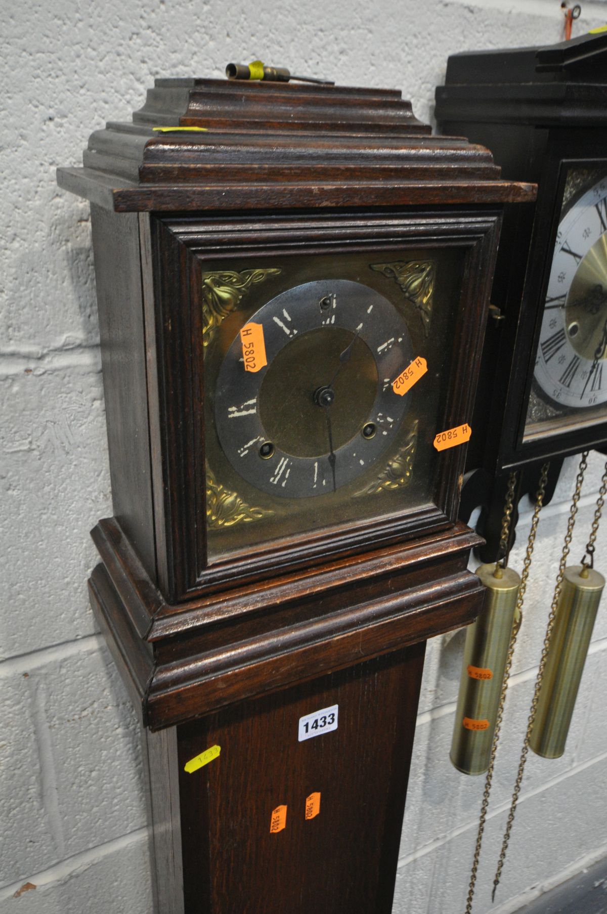 A 20TH CENTURY OAK GRANDDAUGHTER CLOCK, with an Ansonia clock co of USA movement, height 122cm, ( - Image 2 of 3