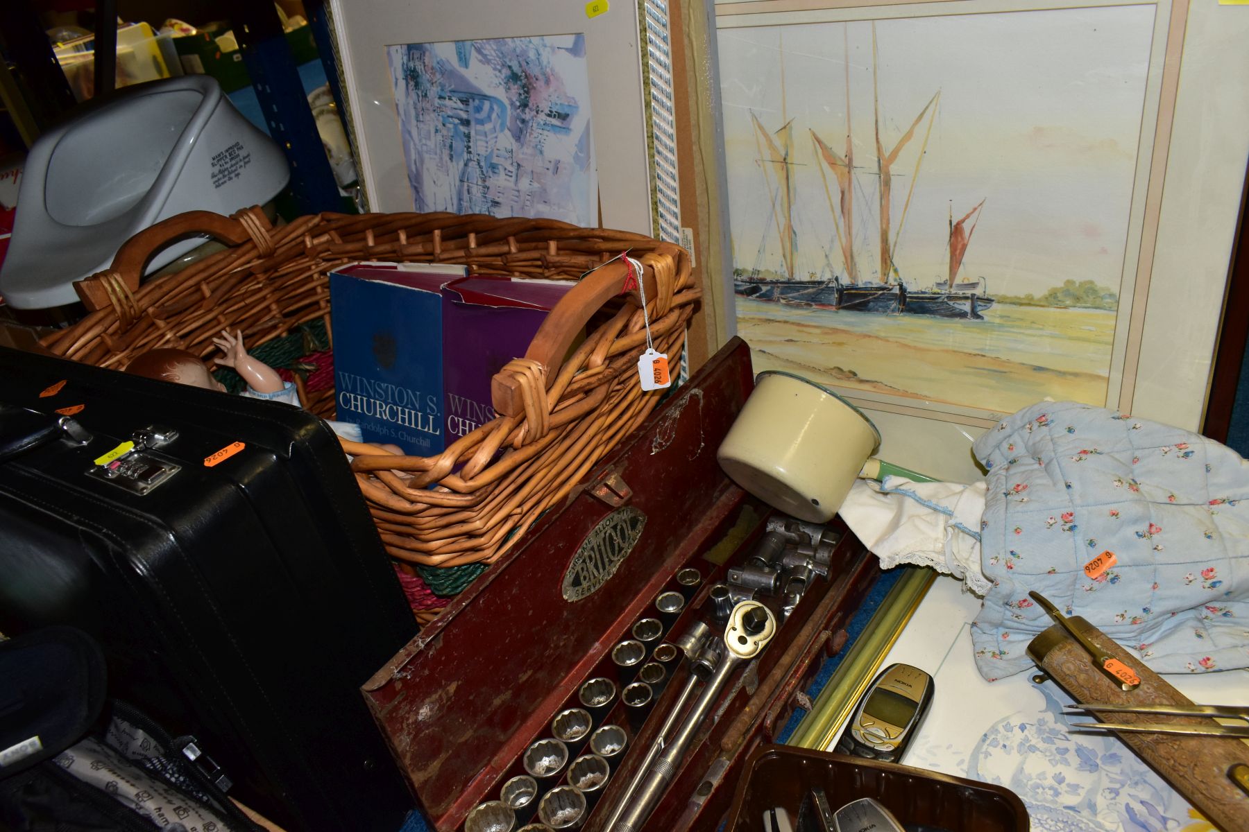 A WICKER HAMPER AND LOOSE TOOLS, PICTURES, BRIEFCASE AND SUNDRY ITEMS to include a vintage Britool - Image 4 of 4