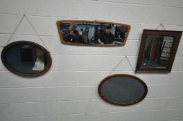 FOUR VARIOUS WALL MIRRORS, to include two oval wall mirrors, largest 79cm x height 53cm, a square