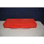 A VINTAGE PLASTIC FOLDING PICNIC TABLE with metal frame, red plastic seats and case