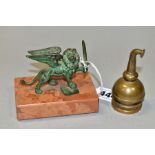 A 20TH CENTURY CAST IRON VERDIGRIS PAINTED WINGED LION PAPERWEIGHT, mounted on a rectangular