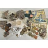 A CARDBOARD BOX OF MIXED COINAGE, to include a government of Gibraltar 1942 10 shillings banknote, a