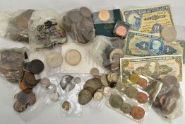 A CARDBOARD BOX OF MIXED COINAGE, to include a government of Gibraltar 1942 10 shillings banknote, a
