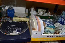 TWO BOXES AND LOOSE CERAMICS AND GLASSWARES, to include a boxed Waterford Crystal Marquis