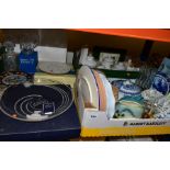 TWO BOXES AND LOOSE CERAMICS AND GLASSWARES, to include a boxed Waterford Crystal Marquis