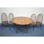 AN ERCOL OVAL DROP LEAF DINING TABLE, open length 124cm x closed length 64cm x depth 112cm x