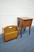 A 20TH CENTURY OAK SEWING BOX, on two A shaped legs with contents, a smaller sewing box with