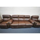A BROWN LEATHER THREE PIECE LOUNGE SUITE, comprising of a three seater sofa, length 207cm, and a