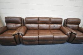 A BROWN LEATHER THREE PIECE LOUNGE SUITE, comprising of a three seater sofa, length 207cm, and a