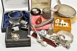 A BOX OF ASSORTED SILVER AND WHITE METAL, to include a silver napkin ring, hallmarked 'E F Braham