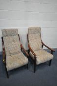 A NEAR PAIR OF BEECH ARMCHAIRS with open armrests