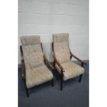 A NEAR PAIR OF BEECH ARMCHAIRS with open armrests