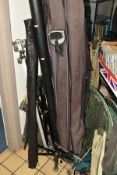 A QUANTITY OF FISHING RODS, NETS, REELS, ANCHOR AND ACCESSORIES, rods to include Abu Garcia Devil,