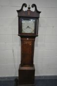 A GEORGE III OAK AND ROSEWOOD CROSSBANDED 30 HOUR LONGCASE CLOCK, the hood with a swan neck