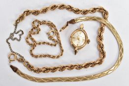 THREE 9CT GOLD BRACELETS AND A WATCH HEAD, to include a rope twist chain fitted with a spring