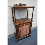 A LATE VICTORIAN WALNUT AND AMBOYNA CROSSBANDED MUSIC CABINET, the raised shelf with a raised open