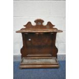 AN EARLY 20TH CENTURY OAK UMBRELLA STAND, with a tin tray, width 68cm x depth 21cm x height 81cm