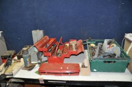 A TRAY, A TOOLBOX AND TWO SMALL BOXES CONTAINING TOOLS including a partial socket set, an air drill,