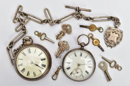 TWO SILVER CASED POCKET WATCHES, the first an open face pocket watch, white dial, Romal numerals,