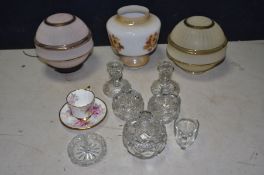 A TRAY CONTAINING GLASS WARE including a partial pressed glass dressing table set and three