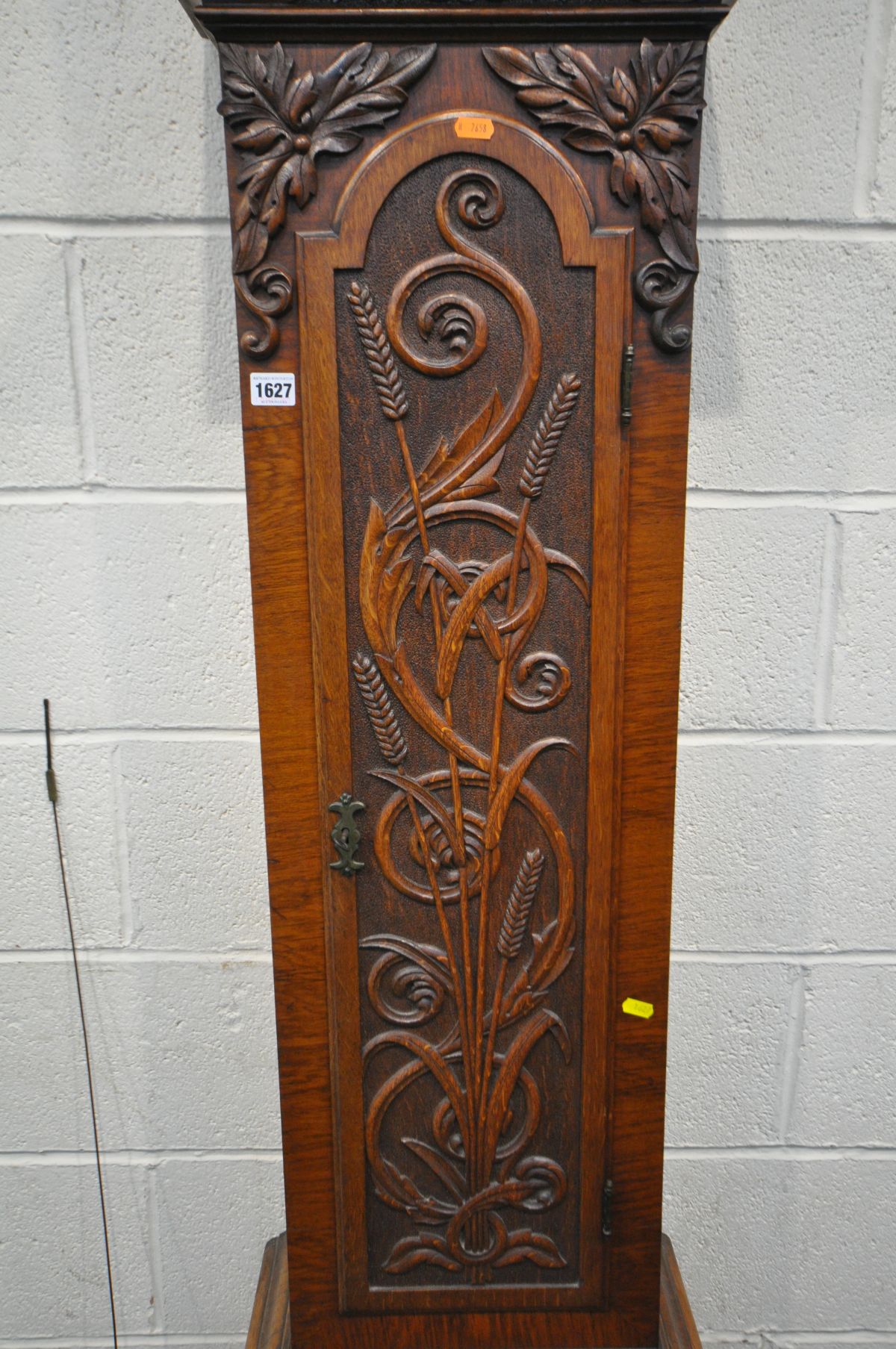 AN OAK EIGHT DAY LONGCASE CLOCK, Whitehurst of Derby, the hood and trunk with carved foliate - Image 6 of 8