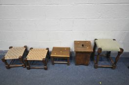 FIVE VARIOUS STOOLS, to include an oak square stool