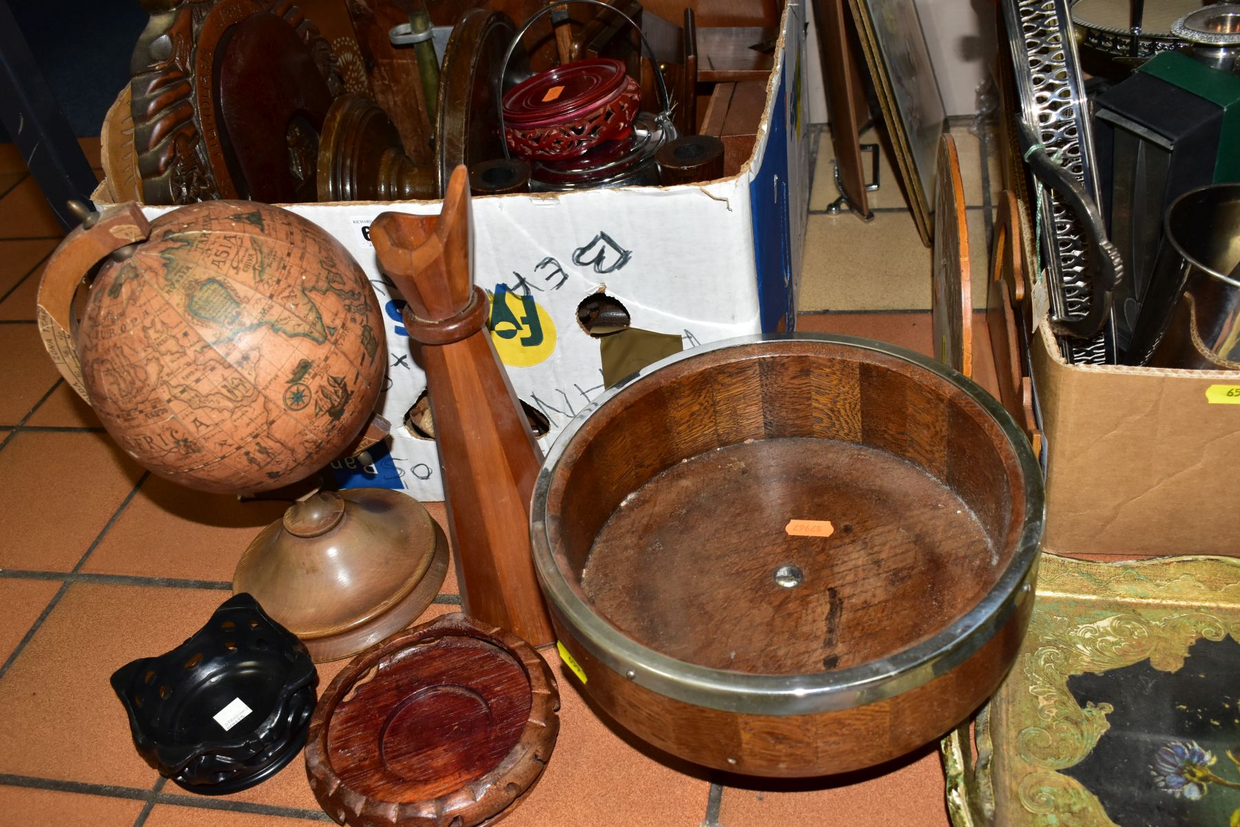 TWO BOXES AND LOOSE TREEN, METALWARES, ETC, including wooden jewellery boxes, reproduction globe, - Image 2 of 5