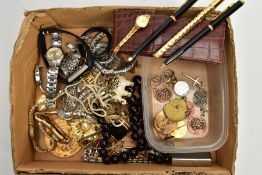A BOX OF ASSORTED ITEMS, to include five yellow and white metal earrings stamped 375, approximate