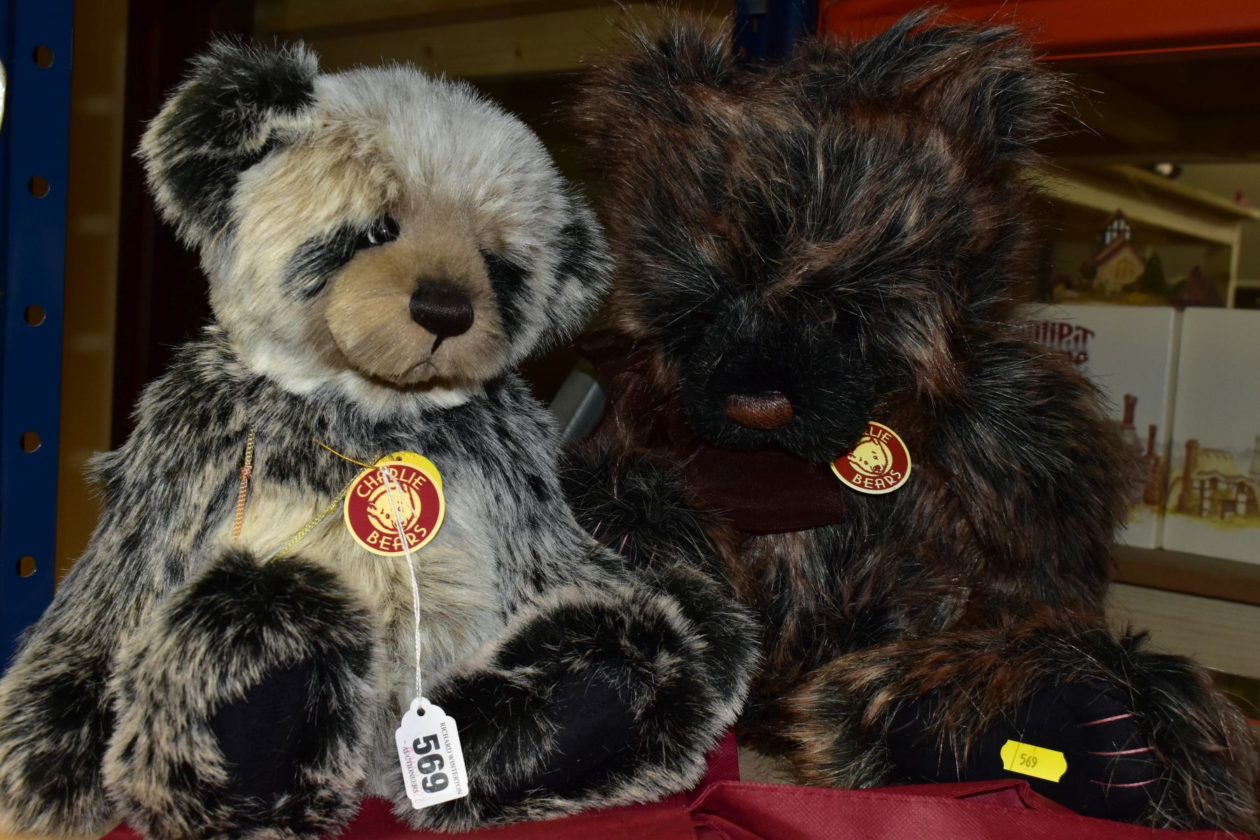 TWO CHARLIE BEARS TEDDY BEARS, comprising 'Higgins' having grey mottled plush and fully jointed