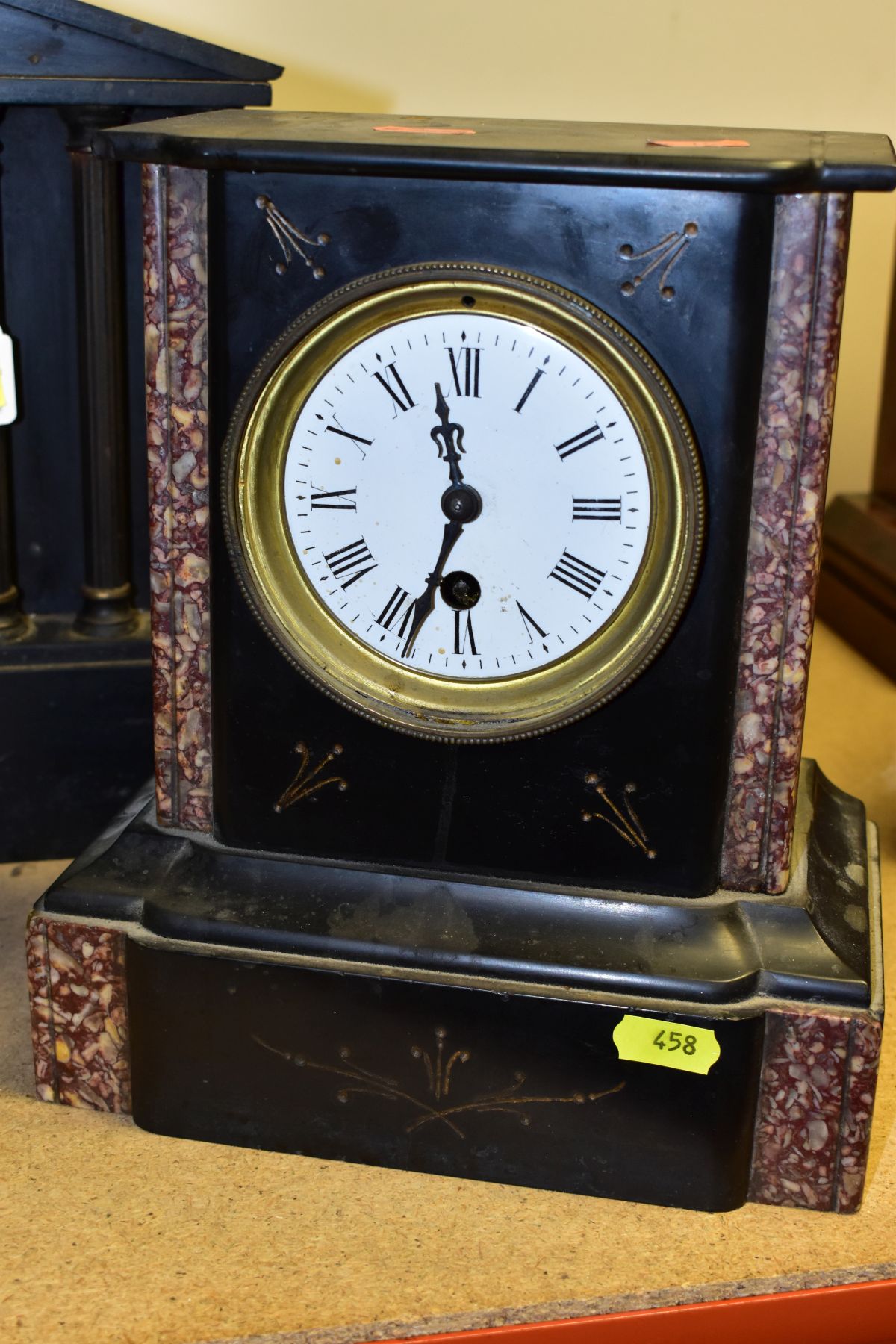 THREE LATE VICTORIAN BLACK SLATE AND MARBLE MANTEL CLOCKS, two of rectangular form with thirty - Image 3 of 8