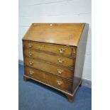 A GEORGE III OAK FALL FRONT BUREAU, with fitted interior, and four graduated drawers, on bracket