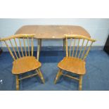 AN ERCOL MODEL 492 WINDSOR ELM AND BEECH SQUARE TOP DROP LEAF DINING TABLE, on square tapering
