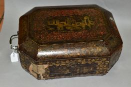 A CHINOISERIE STYLE WRITING BOX, the exterior covered with figures, pagodas and repeat lacquer