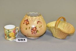 THREE PIECES OF ROYAL WORCESTER BLUSH IVORY CERAMICS, to include a small bulbous vase with scalloped
