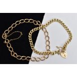 TWO 9CT GOLD BRACELETS, the first a curb link chain fitted with a heart clasp and safety chain,