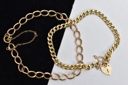 TWO 9CT GOLD BRACELETS, the first a curb link chain fitted with a heart clasp and safety chain,