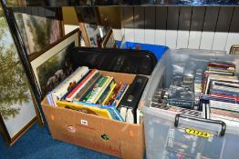 THREE BOXES AND LOOSE BOOKS, DVDS, CDS AND PICTURES, to include approximately twenty eight books