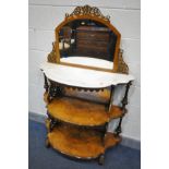 A VICTORIAN WALNUT WHATNOT, the top with a later satinwood mirror, marble top, over two graduated