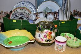 A BOX OF CERAMICS AND LOOSE, including a Doulton Burslem biscuit barrel with plated mounts, crazed