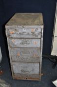 A VINTAGE METAL TOOL CHEST OF FOUR GRADUATED DRAWERS with wooden inserts to two drawers width