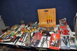 TWO BAGS CONTAINING TOOLS including G clamps, a Stanley No4 plane, wood chisels, callipers, a