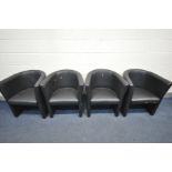 A SET OF FOUR MATCHING BLACK LEATHERETTE TUB CHAIRS