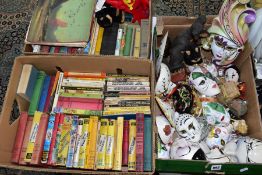 THREE BOXES OF BOOKS AND DECORATIVE WALL MASKS, ETC, the two boxes of books containing approximately