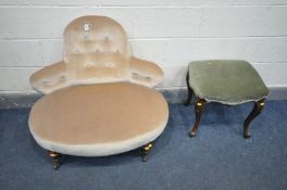 A VICTORIAN BEIGE UPHOLSTERED WINDOW SEAT, width 92cm on turned legs and brass casters, along with a