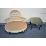 A VICTORIAN BEIGE UPHOLSTERED WINDOW SEAT, width 92cm on turned legs and brass casters, along with a
